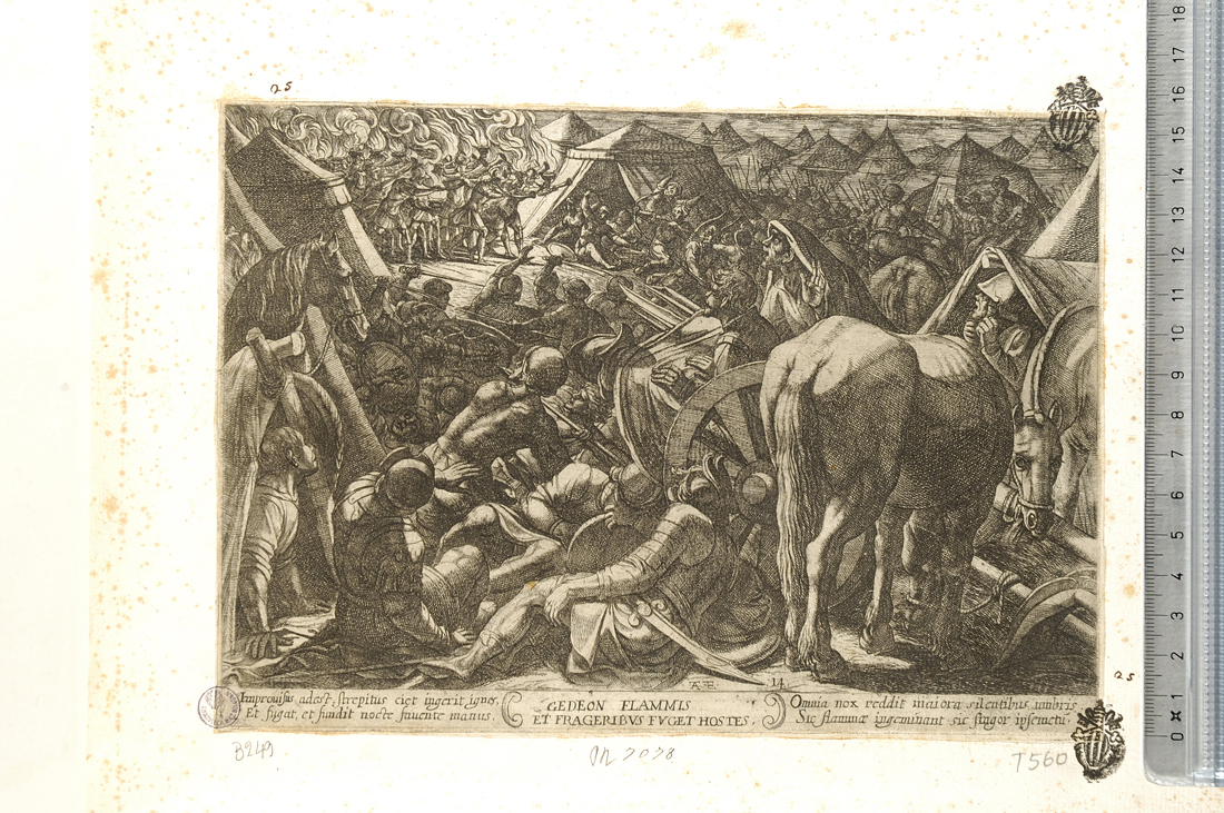 Gedeone mette scompiglio nel campo nemico (stampa smarginata) di Tempesta Antonio (sec. XVII)