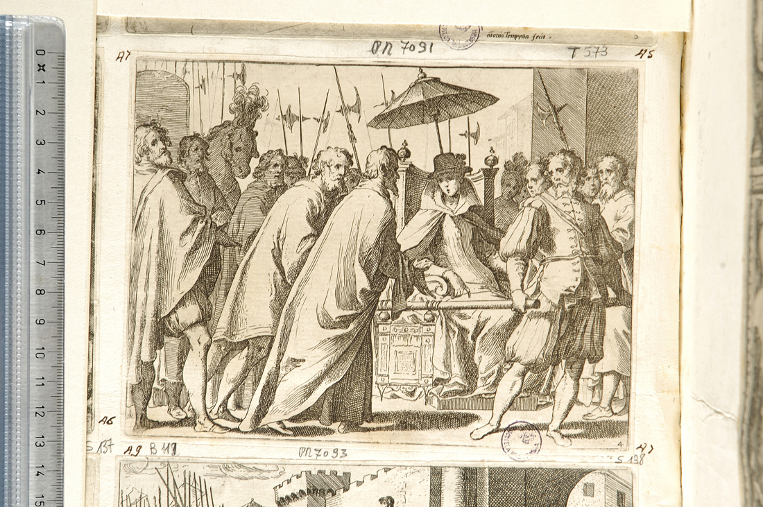 Margherita portata su una sedia sotto un parasole (stampa smarginata) di Schiaminossi Raffaello (sec. XVII)