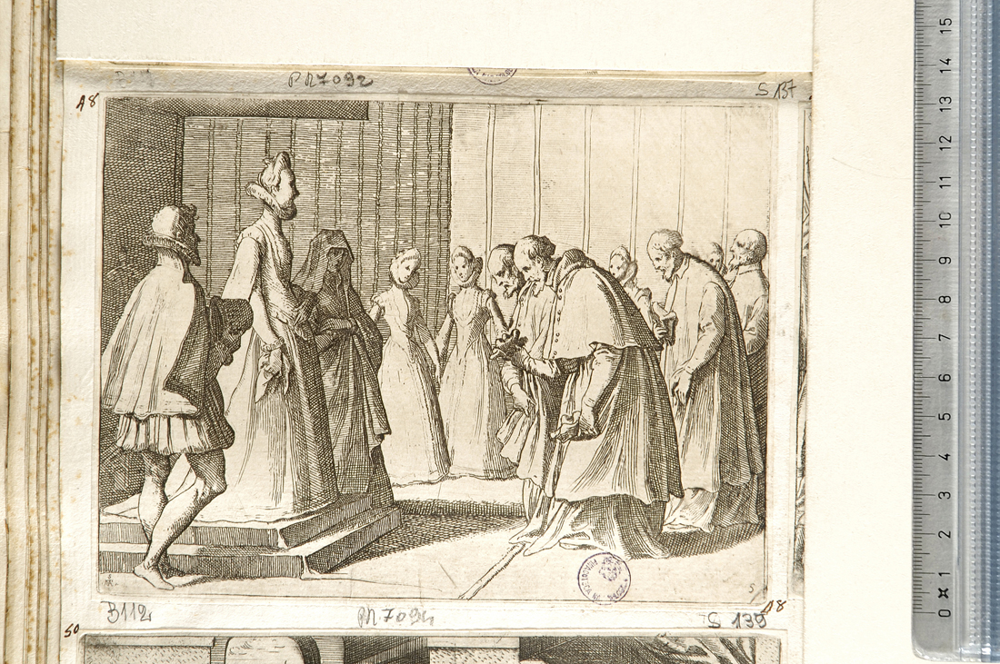 Margherita riceve gli omaggi dei cardinali (stampa smarginata) di Schiaminossi Raffaello (sec. XVII)