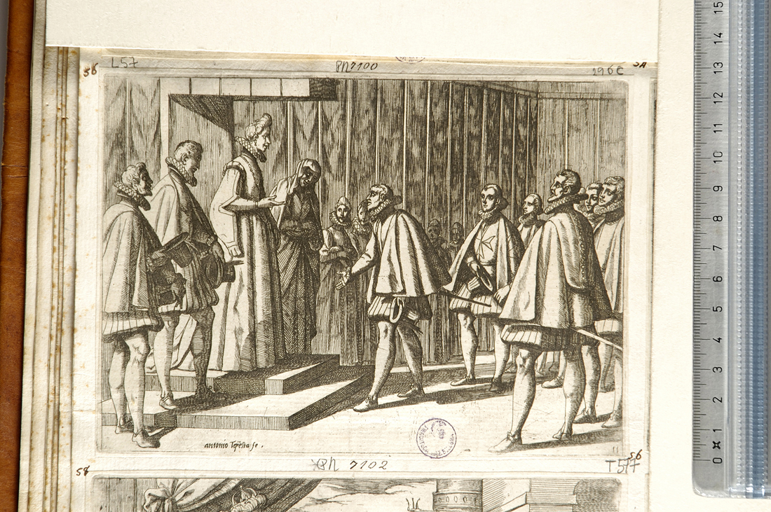 Margherita d'Austria riceve a Genova gli ambasciatori dei principi italiani (stampa smarginata) di Tempesta Antonio (sec. XVII)