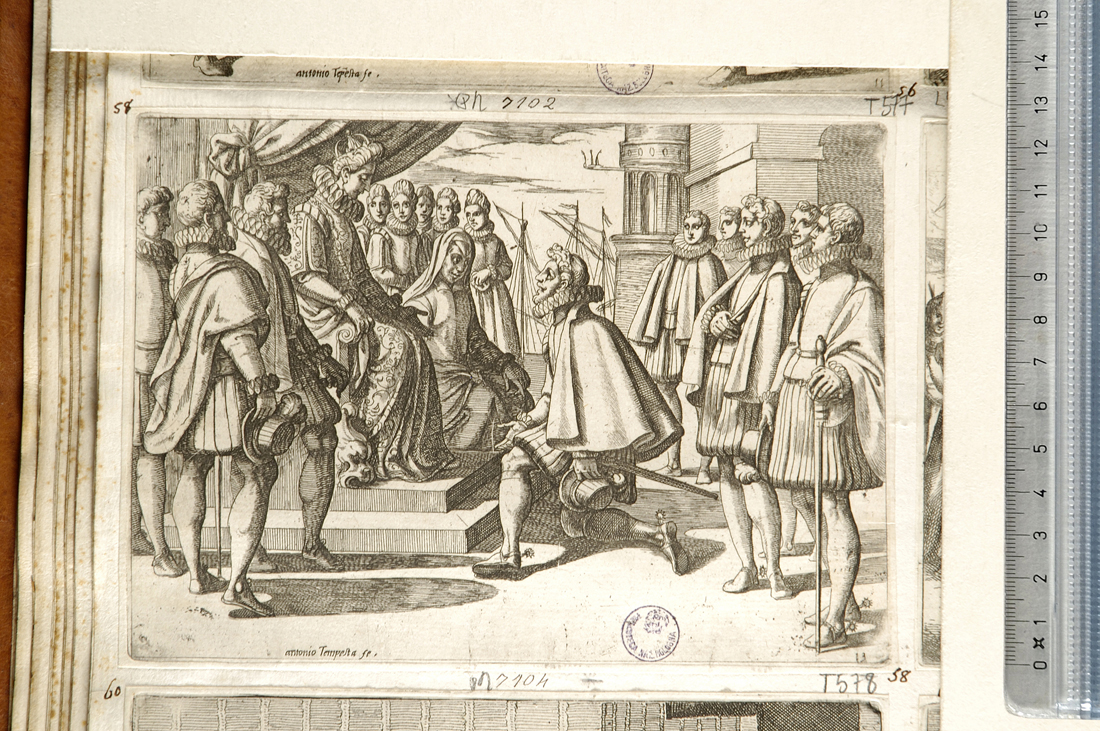 Margherita d'Austria complimentata dal duca di Lierma al suo arrivo a Vinaros (stampa smarginata) di Tempesta Antonio (sec. XVII)