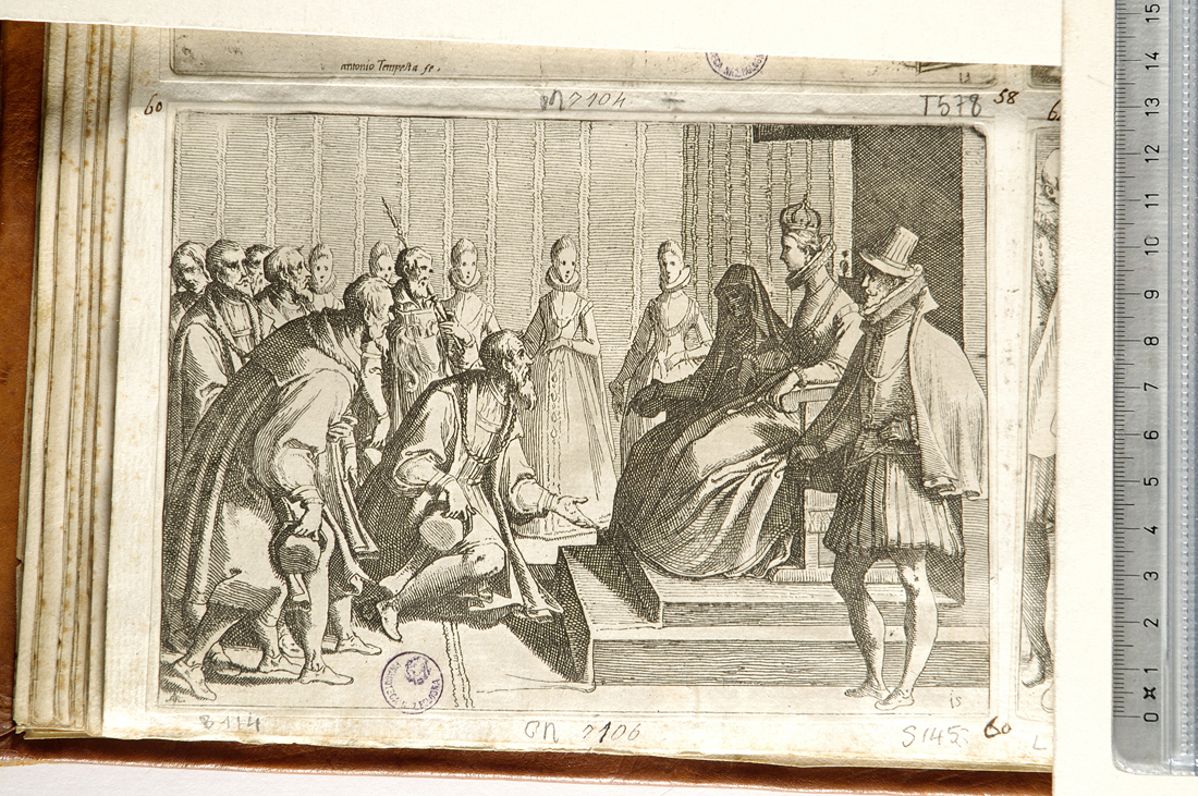 Margherita d'Austria seduta su un trono dà udienza ad un vecchio gentiluomo (stampa smarginata) di Schiaminossi Raffaello (sec. XVII)