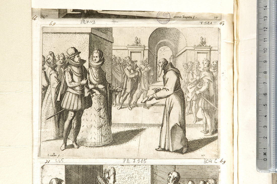 un cappuccino porta i ringraziamenti del re di Baviera (stampa smarginata) di Callot Jacques (sec. XVII)