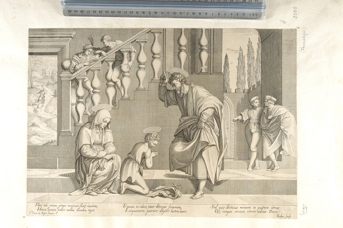 commiato di San Giovanni Battista dai genitori (stampa smarginata) di Franciabigio, Kruger Dietrich (sec. XVII)