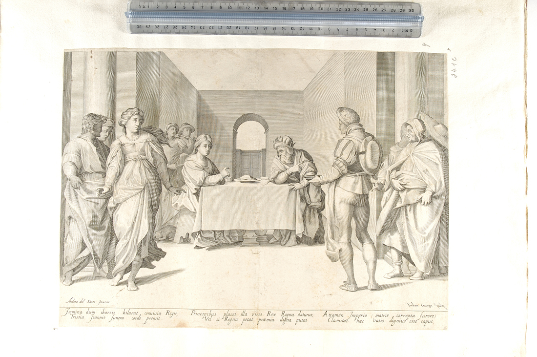 Erodiade persuade Salome a chiedere la testa di San Giovanni Battista (stampa smarginata) di Kruger Dietrich, Andrea del Sarto (sec. XVII)