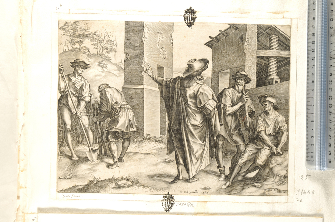 parabola dei lavoratori della vigna (stampa tagliata) di Cort Cornelis, Andrea del Sarto (sec. XVI)