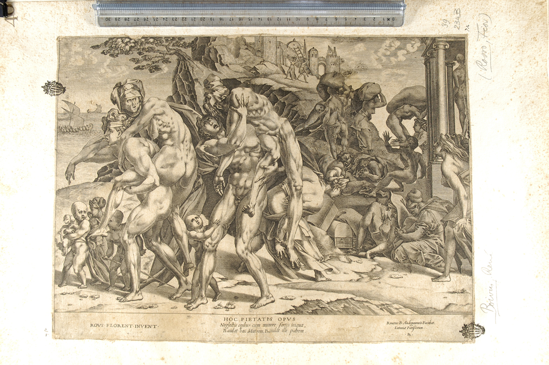 Enea e Anchise fuggono da Troia in fiamme (stampa smarginata) di Boyvin René, Rosso Fiorentino (secc. XVI/ XVII)