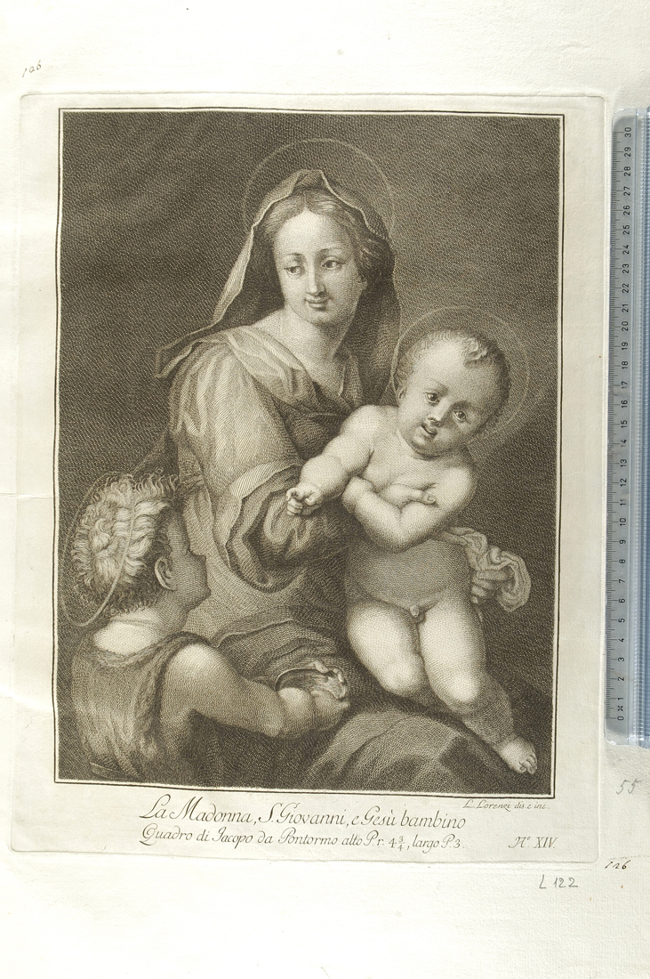 Madonna con Bambino e San Giovannino (stampa) di Lorenzi Lorenzo, Pontormo (sec. XVIII)