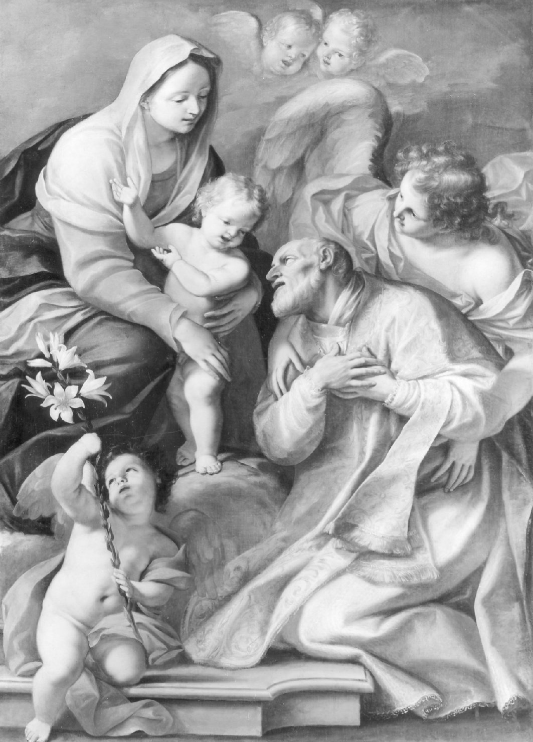 San Filippo Neri sostenuto da un angelo davanti alla Madonna con Bambino (dipinto) di Sirani Elisabetta (attribuito) (sec. XVII)