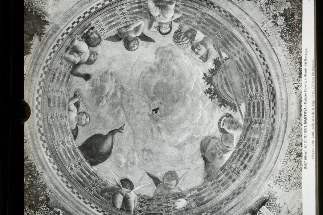 Mantegna, Andrea/ Soffitto della Camera degli Sposi/ Palazzo Ducale/ Mantova/ particolare dell'oculo con Putti e Dame affacciate (diapositiva) di Mantegna, Andrea, Alinari I.D.E.A (XX)