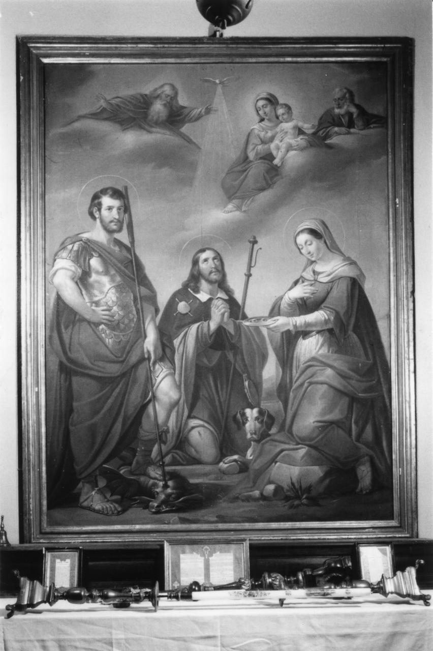Trinità e Sacra Famiglia in gloria con San Giorgio, San Rocco e Santa Lucia (dipinto) di Manzini Luigi (sec. XIX)