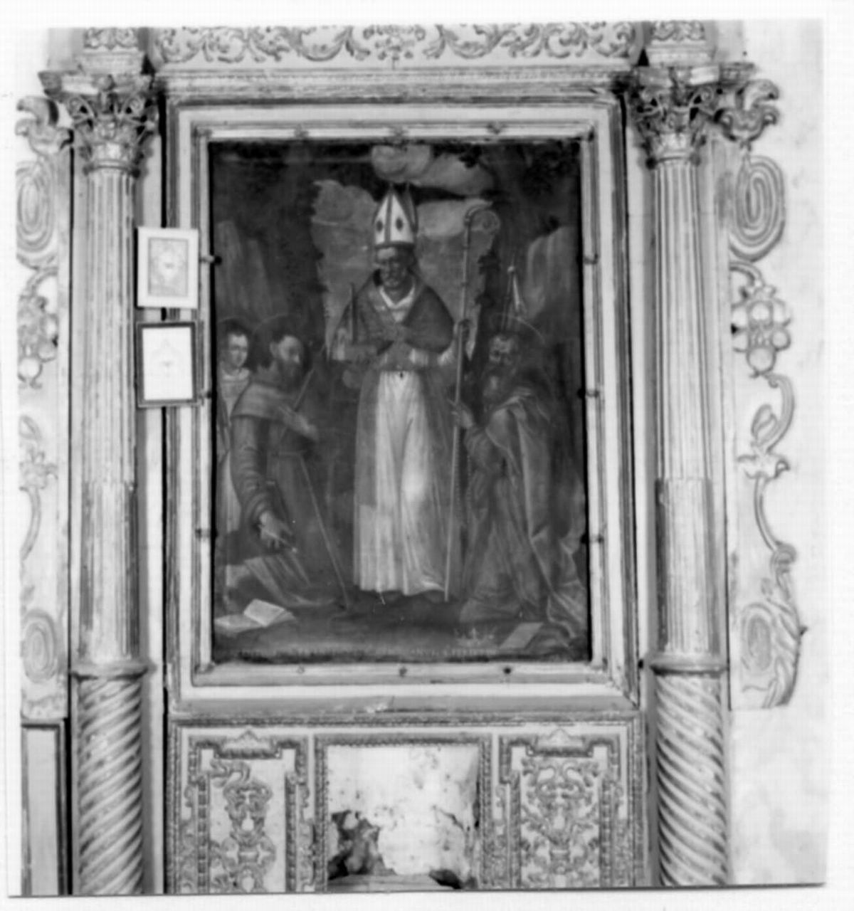 San Geminiano, San Vincenzo, San Francesco e San Pellegrino (dipinto) di Magnanini Ascanio, Magnanini Pellegrino (inizio sec. XVII)