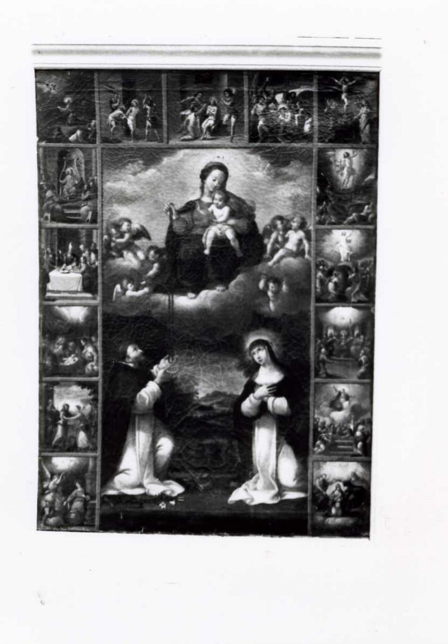 Madonna del Rosario con Santi domenicani e misteri del rosario (dipinto) di Massarini Girolamo (attribuito) (sec. XVII)