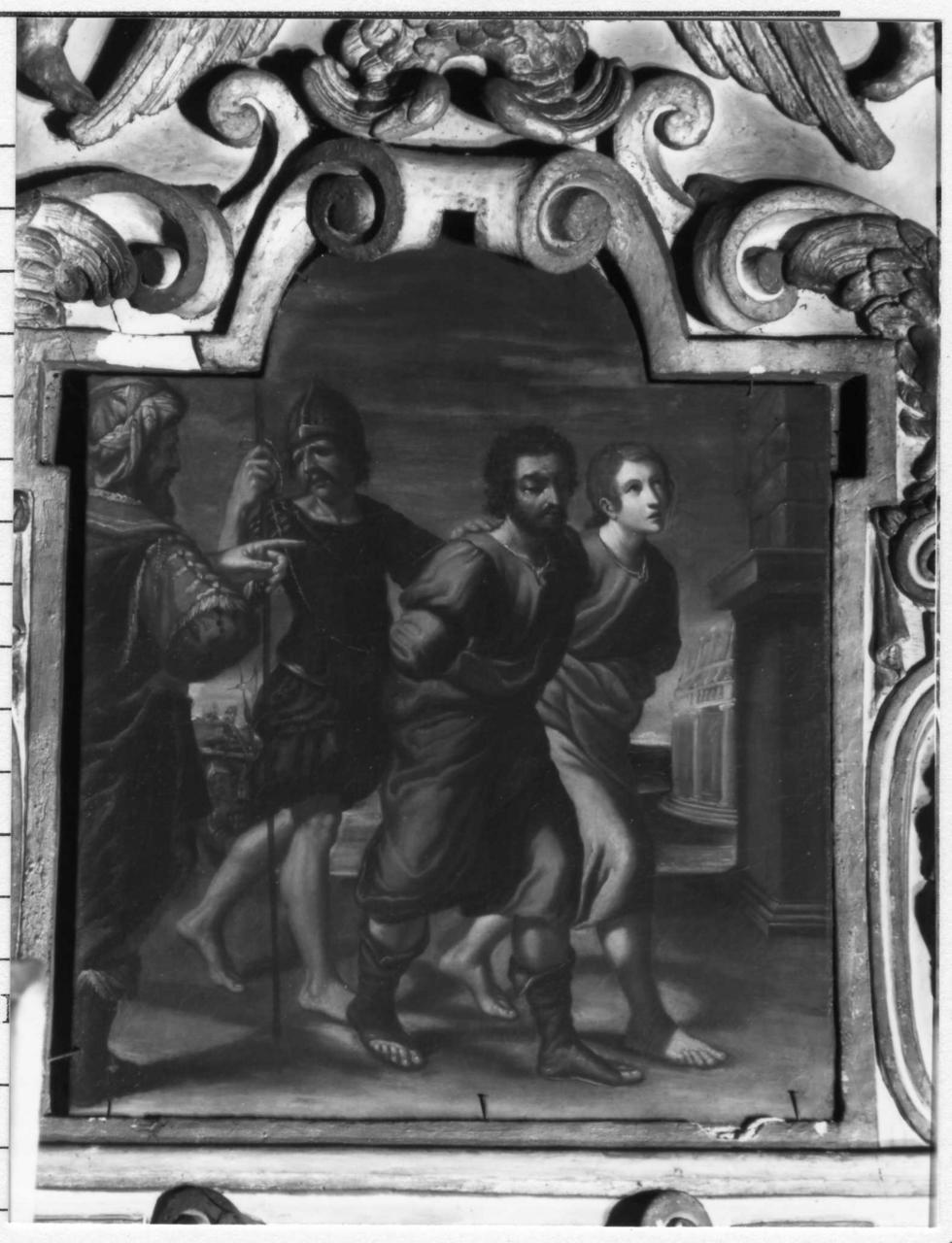 San Crispino e San Crispiniano condotti in giudizio (dipinto, elemento d'insieme) di Desani Pietro (sec. XVII)