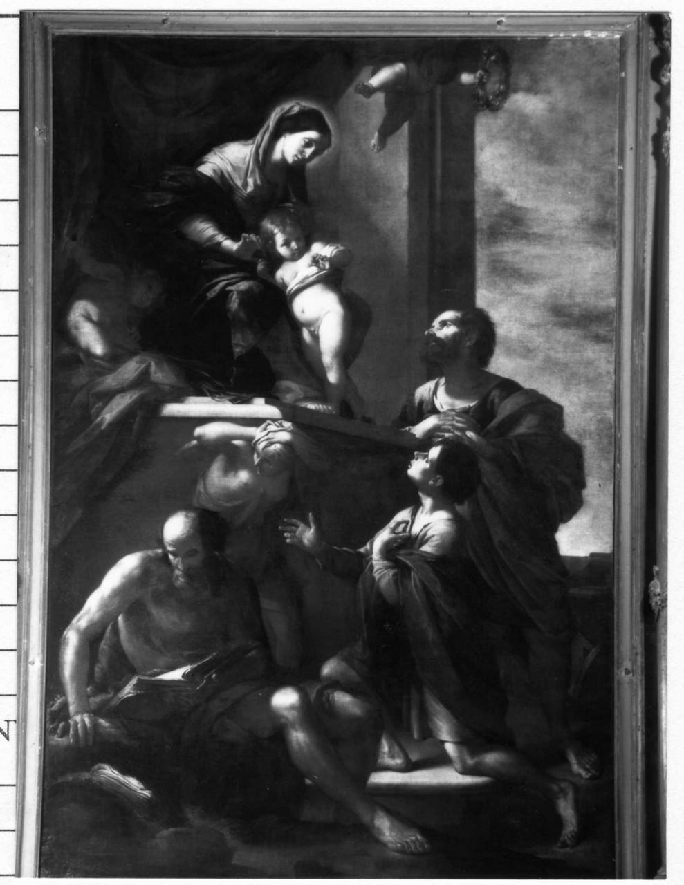 Madonna in trono con Bambino, San Crispino, San Crispiniano, San Paolo Eremita e angeli (dipinto) di Stringa Francesco (sec. XVII)