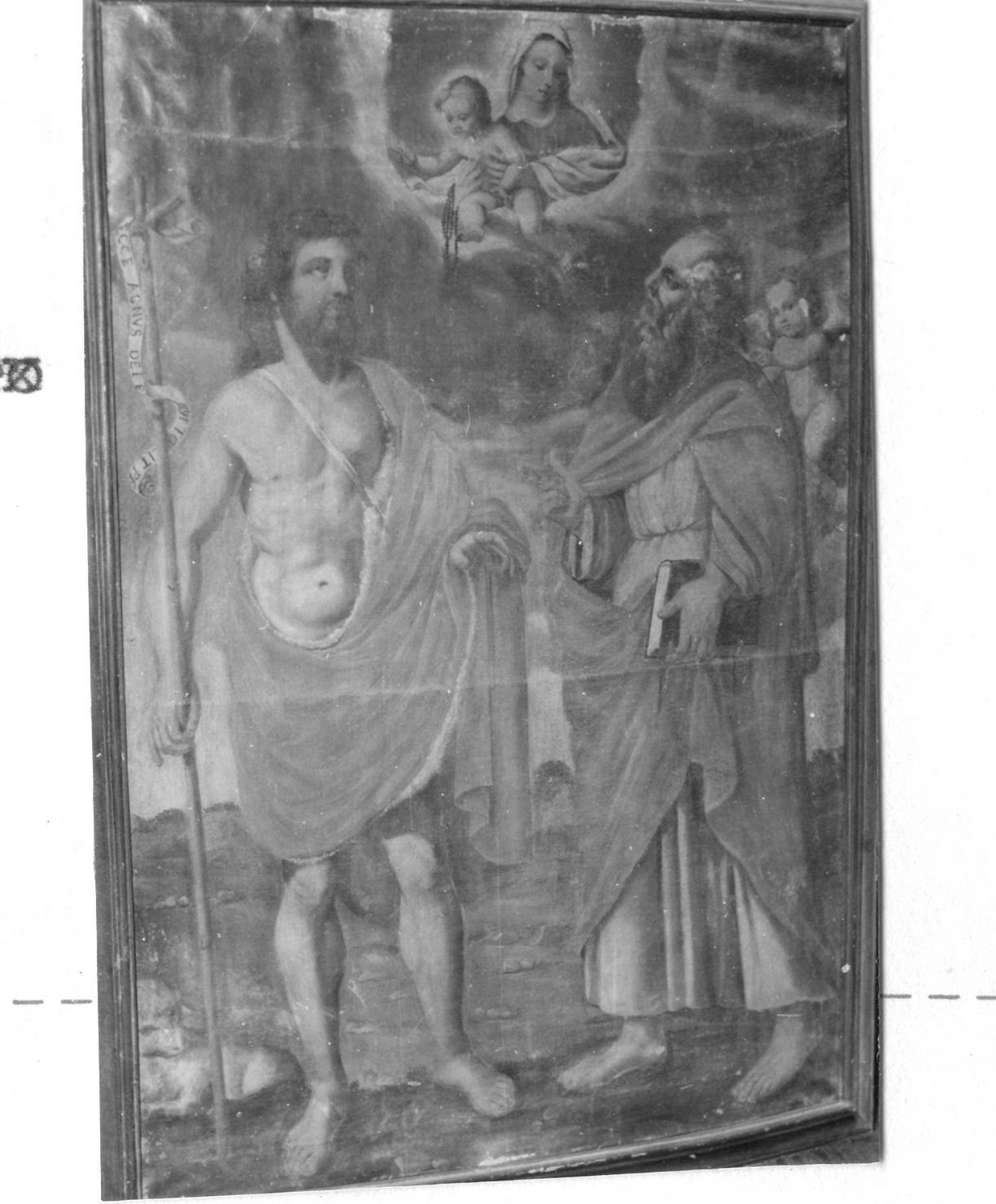 apparizione della Madonna del Rosario a San Giovanni Battista e San Matteo (dipinto) di Martinelli Girolamo (attribuito) (sec. XVII)