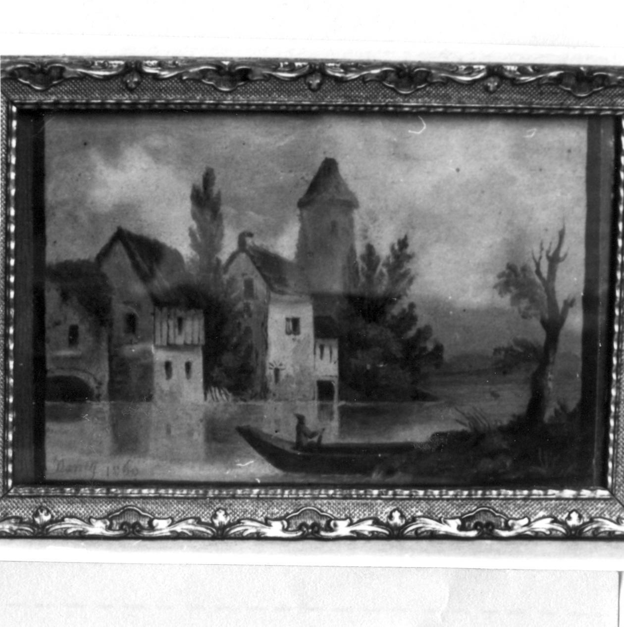 paesaggio con villaggio e castello sul lago (dipinto) di Lavraduse Menotti Nancy (sec. XIX)