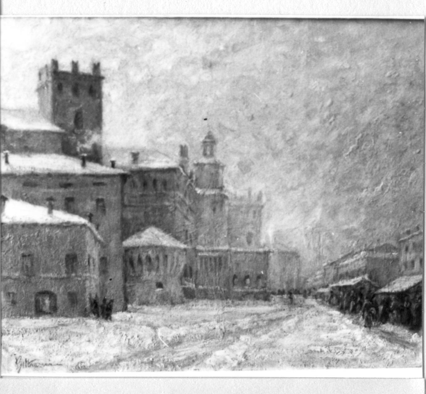 veduta della piazza di Carpi sotto la neve (dipinto) di Beltrami Ivo (sec. XX)
