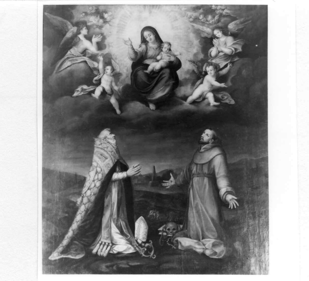 apparizione della Madonna a San Geminiano e San Francesco d'Assisi (dipinto) di Codibue Giovan Battista (fine/inizio secc. XVI/ XVII)