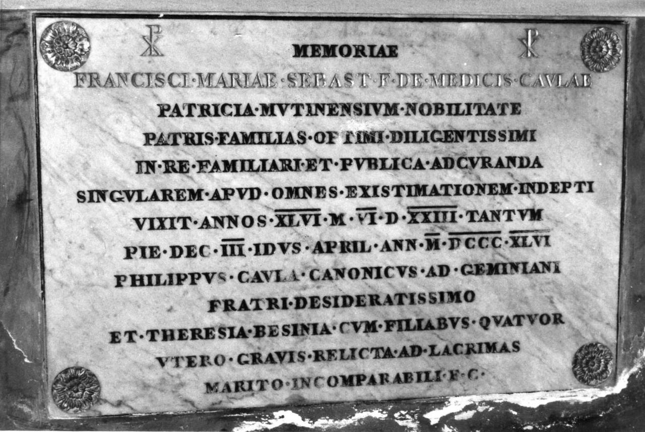 lapide commemorativa - bottega modenese (metà sec. XIX)