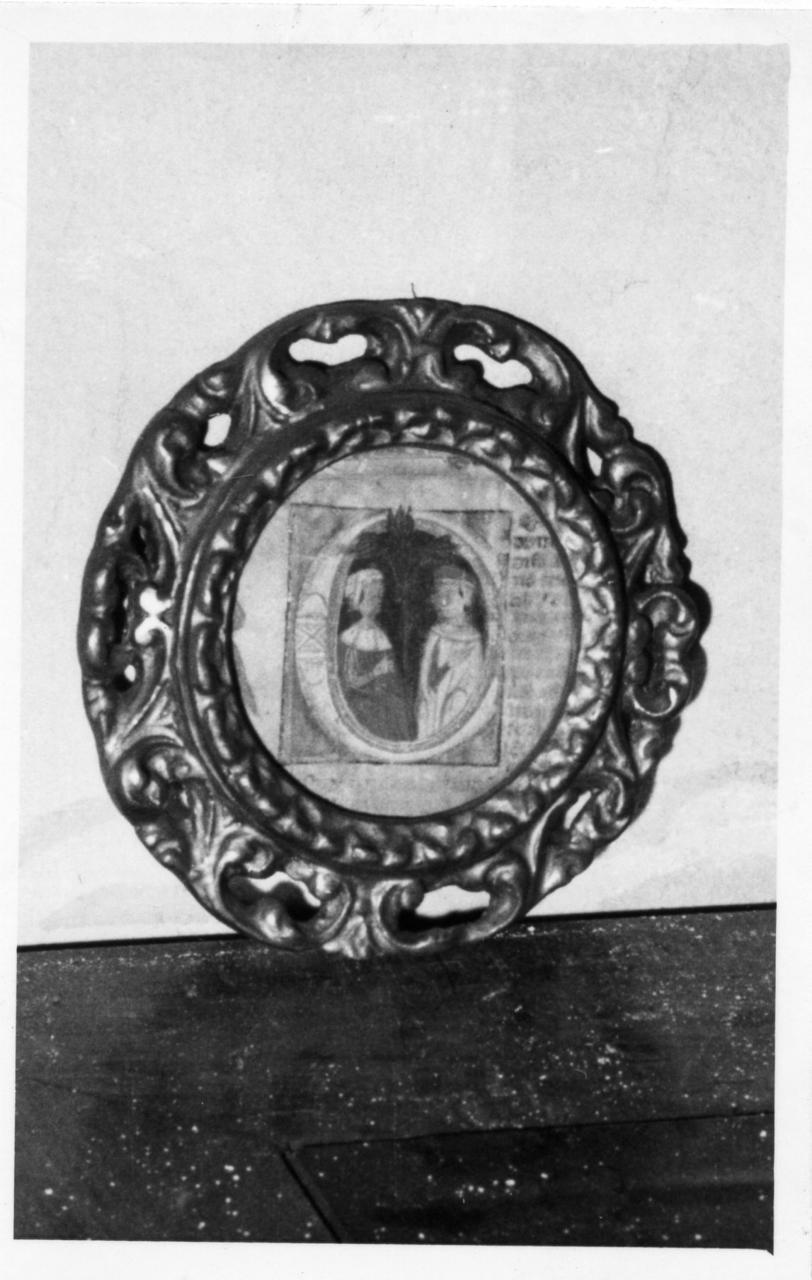 uomo e donna presso un albero (miniatura, frammento) - ambito italiano (sec. XIV)