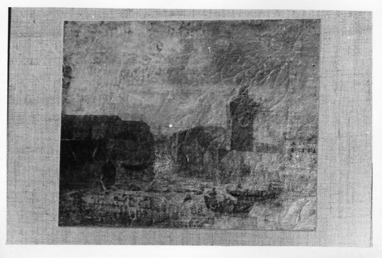 il corso del Panaro e la torre dell'orologio di Finale Emilia (dipinto) - ambito modenese (inizio sec. XIX)