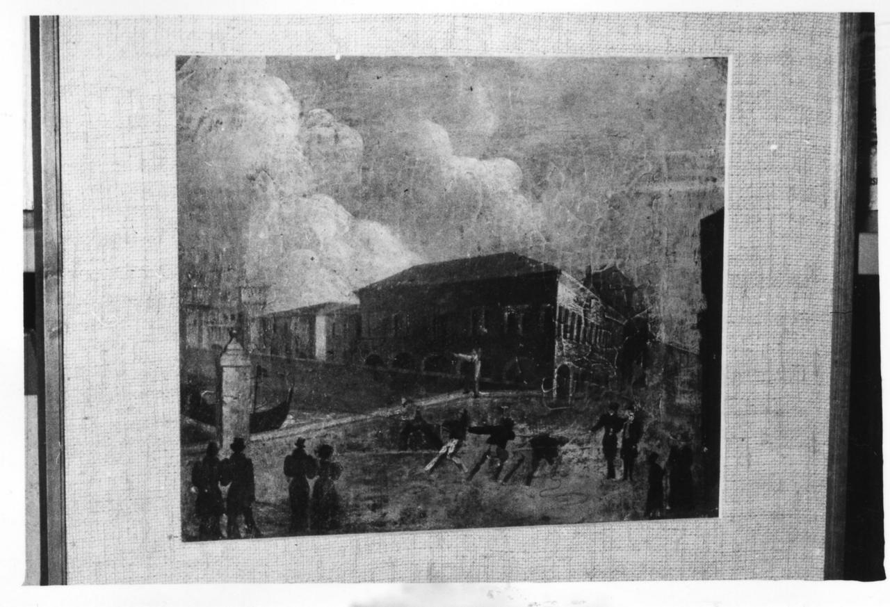 il ponte di piazza e veduta del paese di Finale Emilia (dipinto) - ambito modenese (inizio sec. XIX)