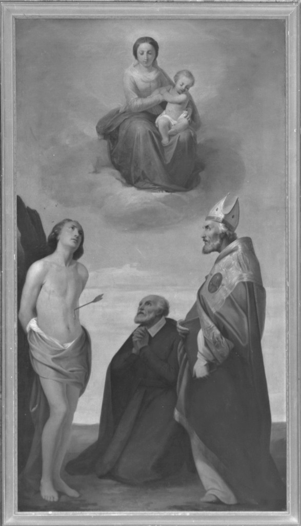 Madonna con Bambino in gloria con Sebastiano, San Filippo Neri e San Valerio Martire (dipinto) di Malatesta Adeodato (sec. XIX)
