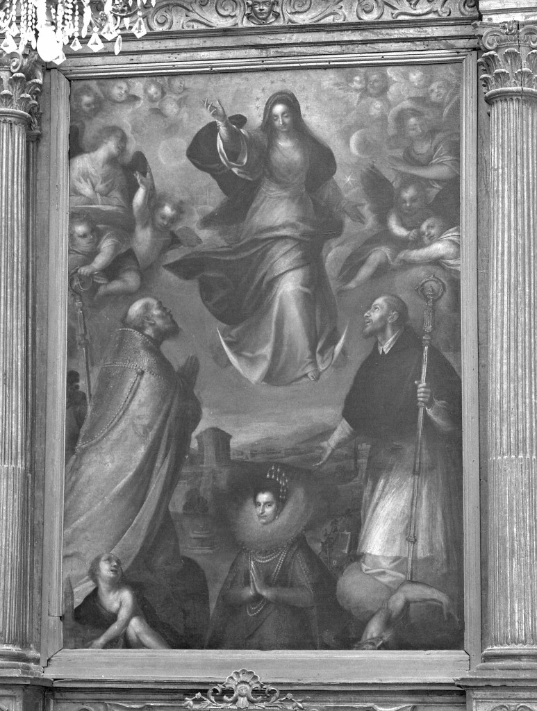 Madonna Immacolata con San Geminiano, Sant'Ubaldo e Laura d'Este (dipinto) di Peranda Santo (sec. XVII)