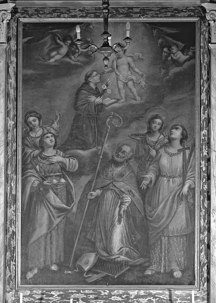 Sant'Antonio da Padova con San Biagio, Sant'Agata, Santa Lucia e Sant'Apollonia (dipinto) - ambito emiliano (seconda metà sec. XVII)