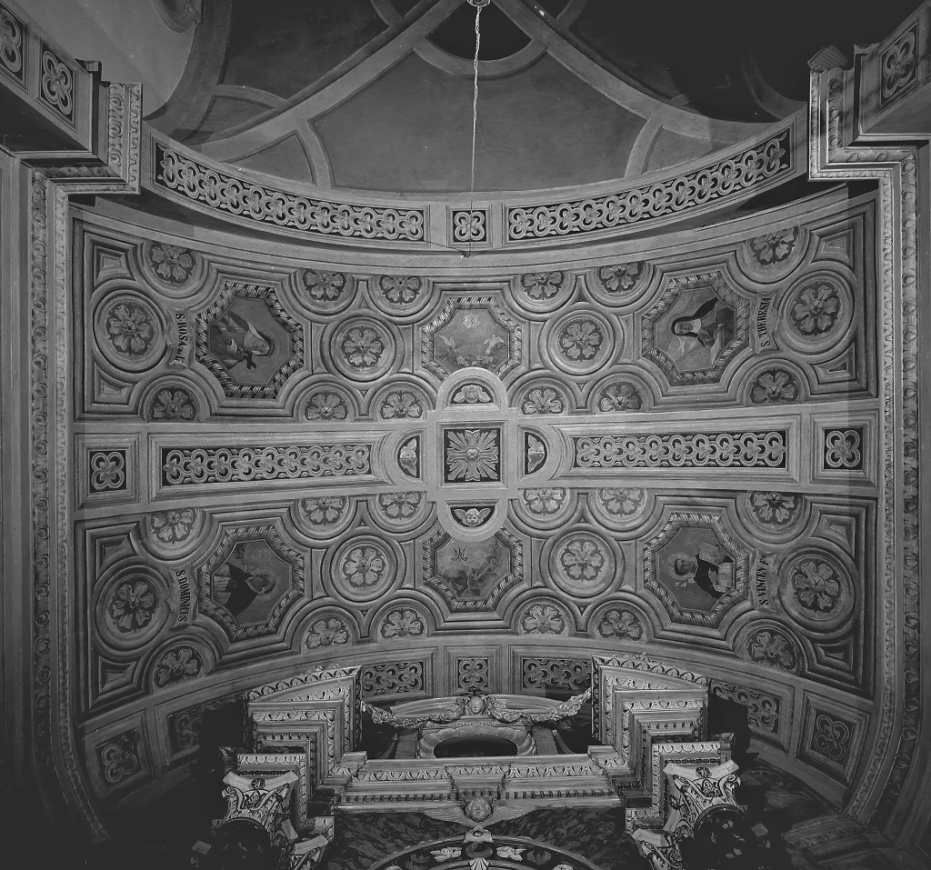 San Domenico, Santa Rosa da Lima, San Vincenzo Ferreri, Santa Teresa e monogramma mariano (dipinto) - ambito emiliano (fine sec. XIX)