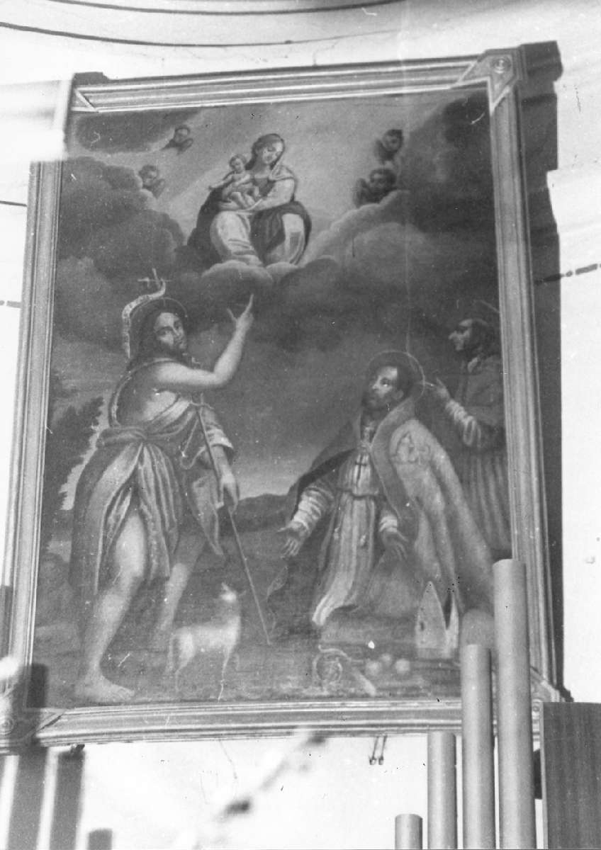 Madonna con Bambino in gloria con San Giovanni Battista, San Nicola e San Carlo Borromeo (dipinto) - ambito reggiano (sec. XVII)
