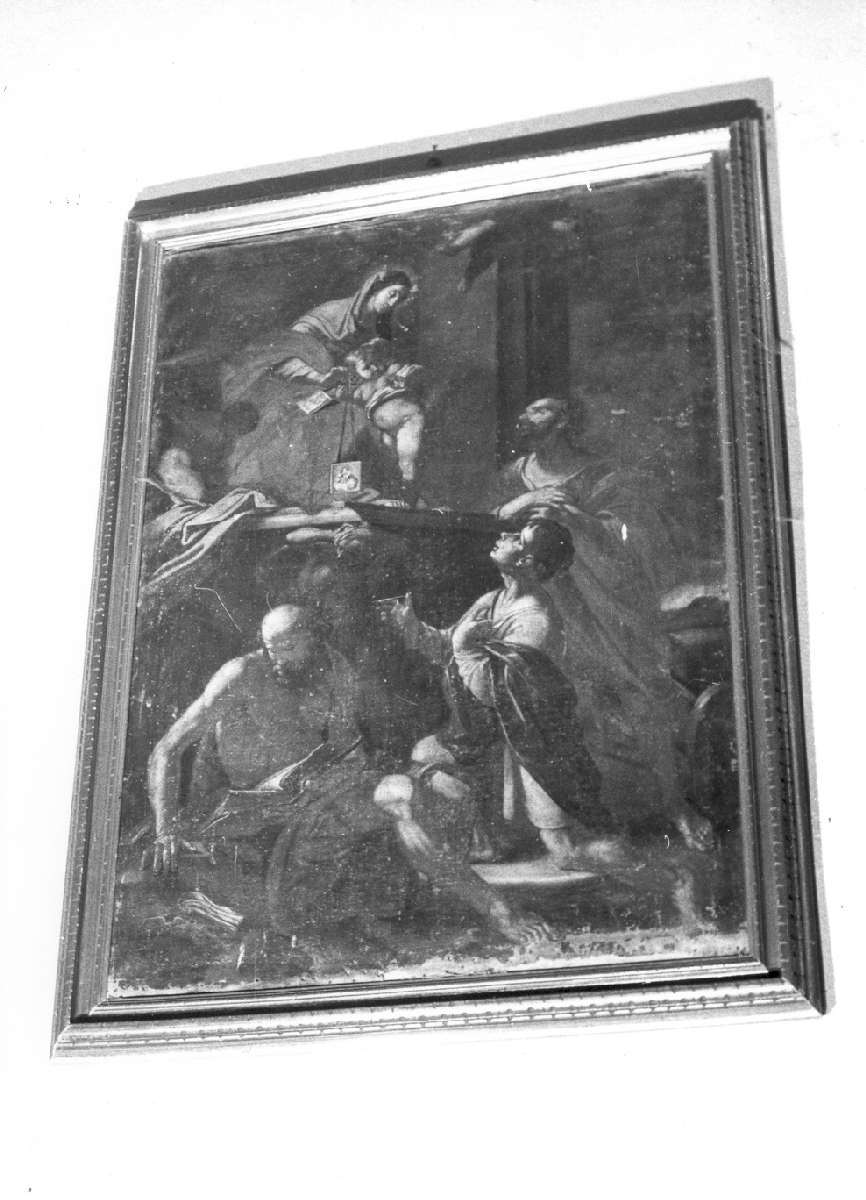 Madonna del Carmine con Bambino in trono con San Crispino, San Crispiniano e San Girolamo (dipinto) - ambito modenese-reggiano (fine sec. XVII)
