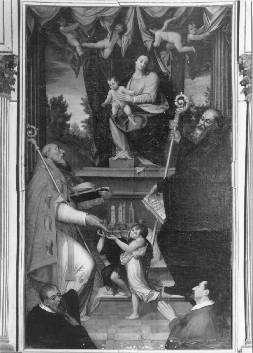 Madonna con Bambino, San Benedetto e San Prospero (dipinto) di Codeluppi Francesco Maria (fine sec. XVI)