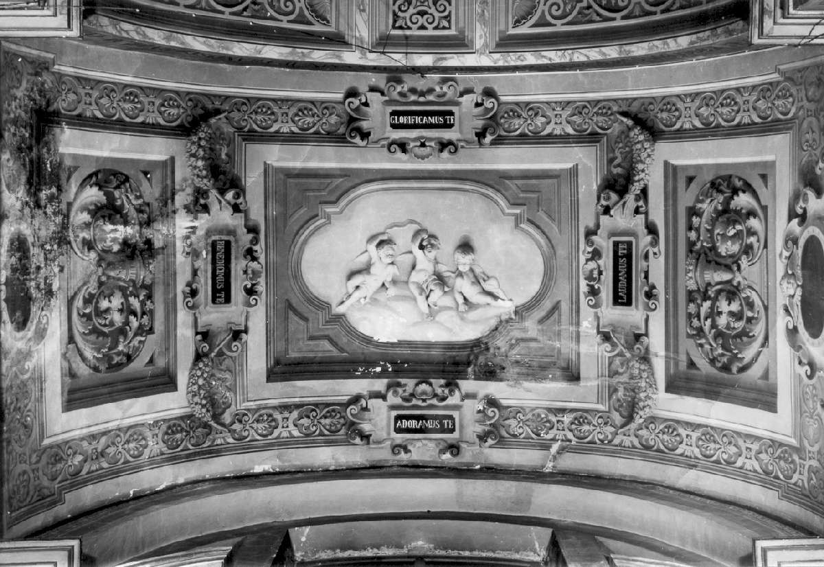 motivi decorativi a cassettoni con cornici a volute vegetali, cartigli e putti alati (decorazione pittorica, complesso decorativo) di Rossi Luigi, Mastellari Francesco (ultimo quarto sec. XIX)