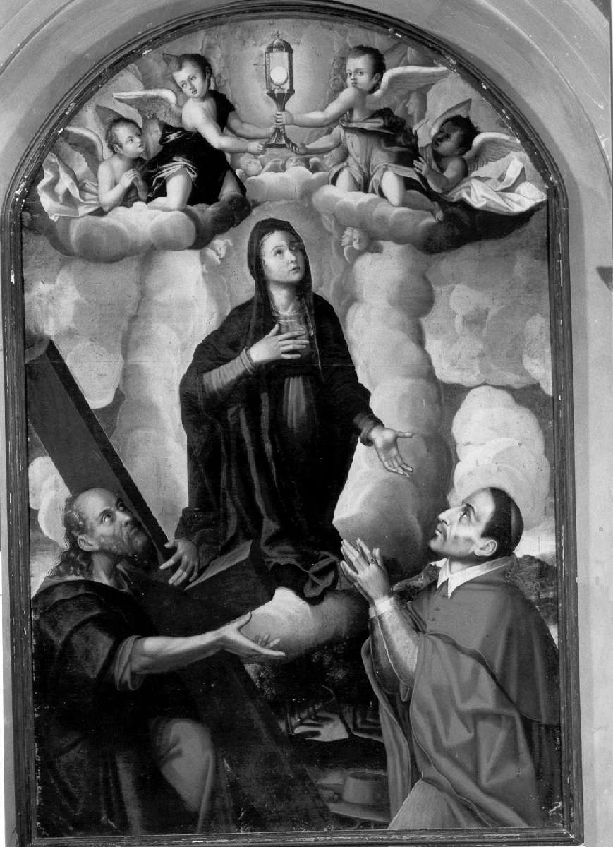 Madonna con San Pietro e San Carlo Borromeo in adorazione del SS. Sacramento (dipinto) - ambito reggiano (sec. XVII)
