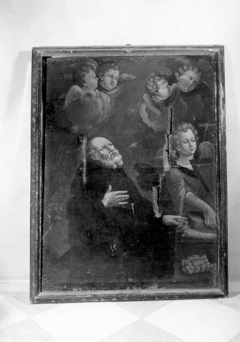 frate cappuccino con insegne vescovili e angelo con strumenti da fornaio (dipinto) - ambito emiliano (sec. XVIII)