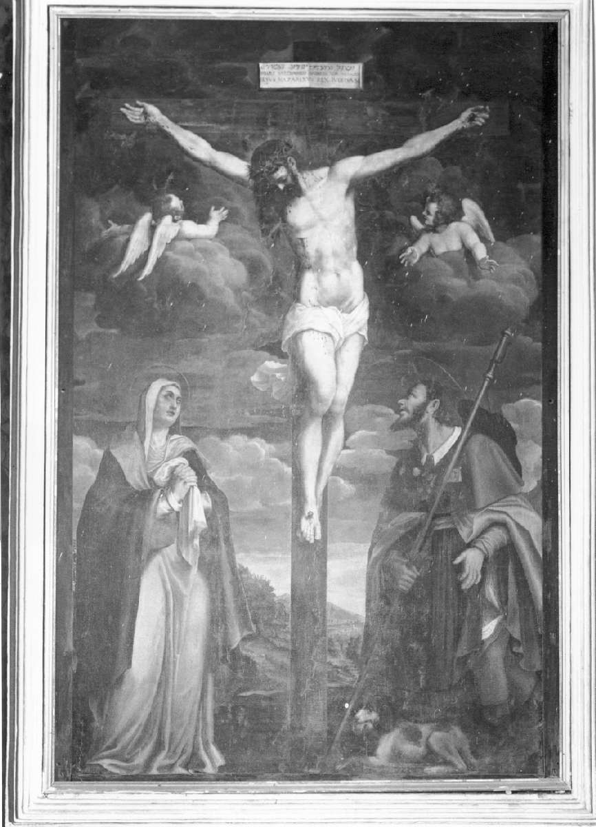 crocifissione di Cristo con la Madonna e San Rocco (dipinto) - ambito emiliano (sec. XVII)