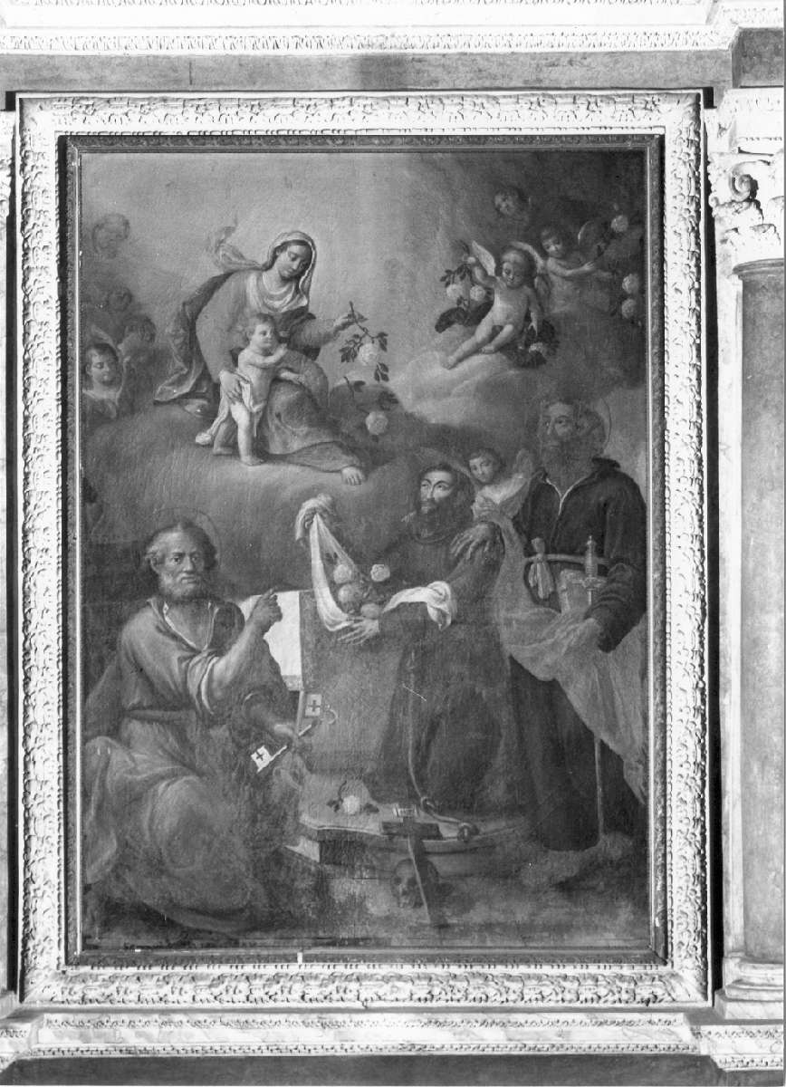 Madonna con Bambino, San Pietro, San Francesco d'Assisi e San Paolo (dipinto) di Ferrari Paolo (sec. XVIII)