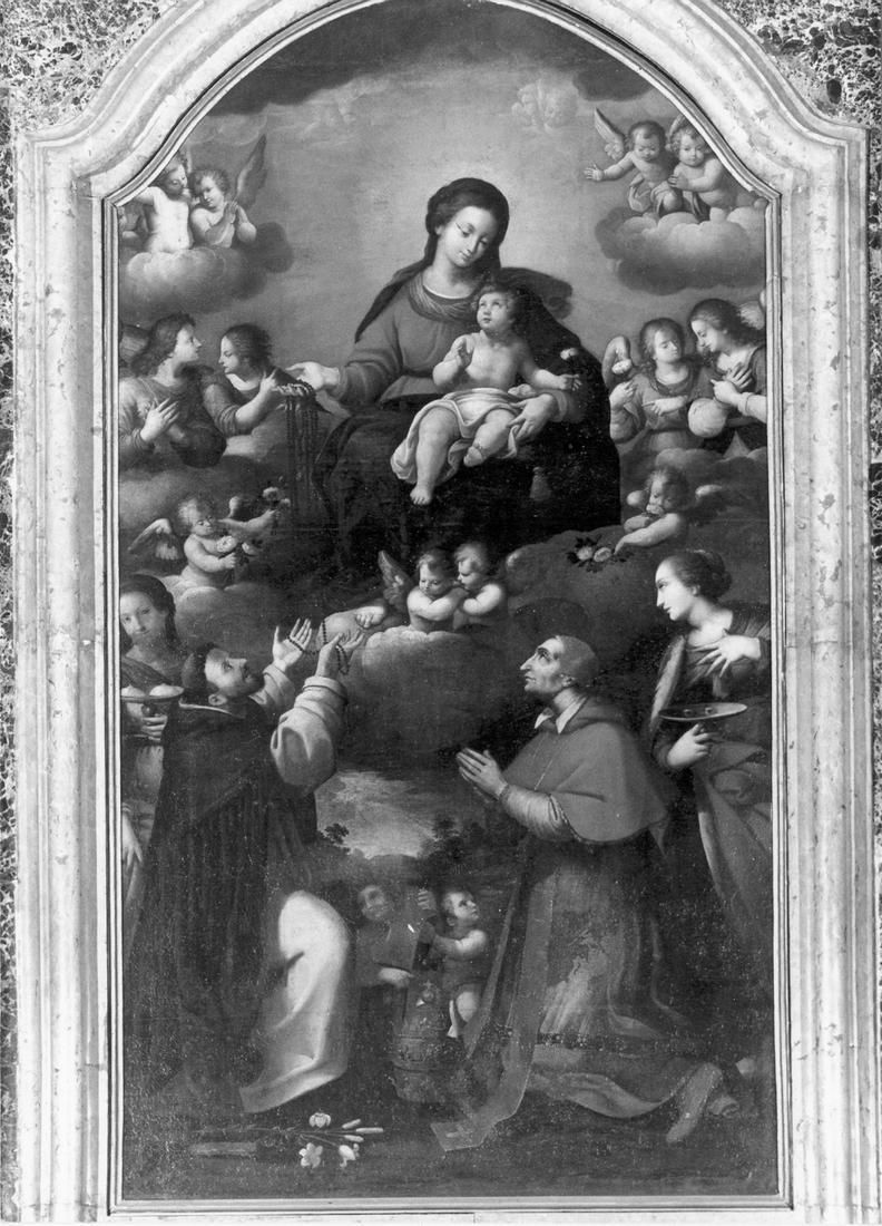 Madonna del Rosario con Sant'Agata, San Domenico, Pio V e Santa Lucia (dipinto) - ambito emiliano (sec. XVI)