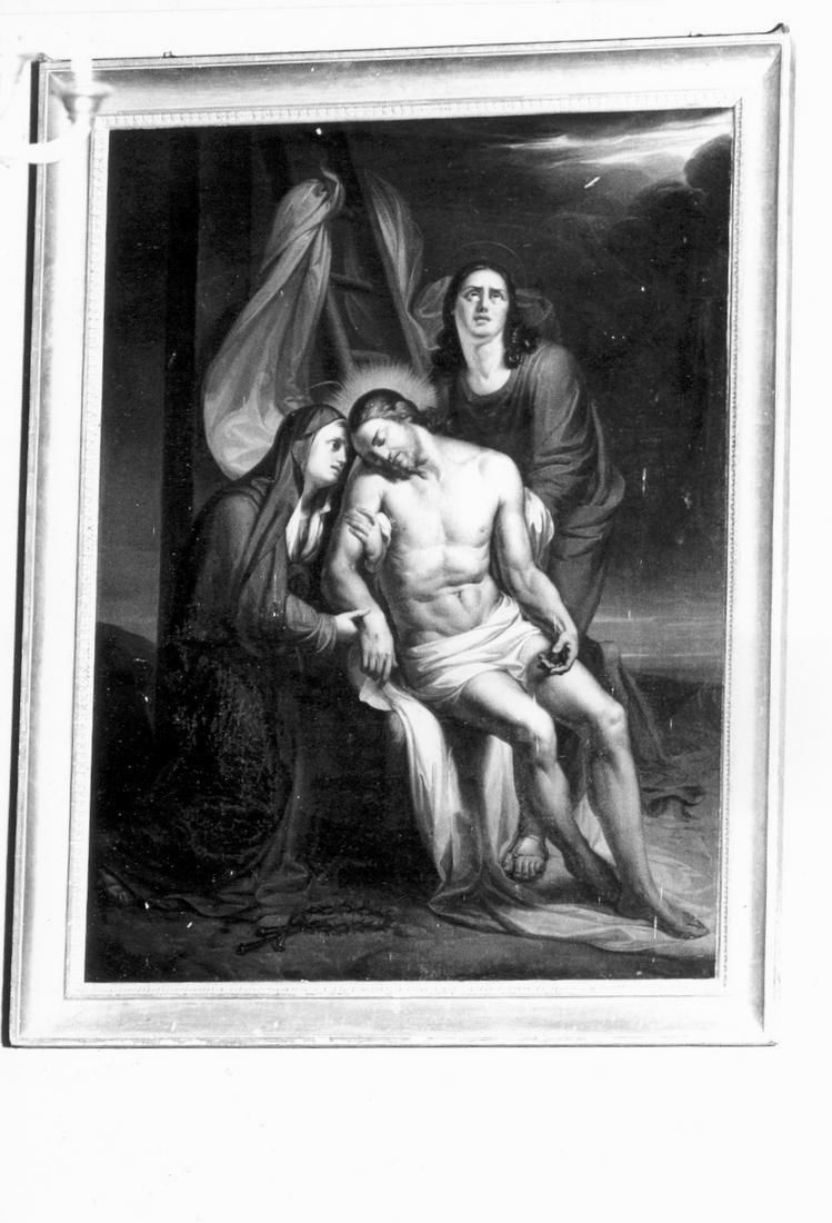 Cristo in pietà sorretto dalla Madonna e San Giovanni Evangelista (dipinto) di Zoli E (sec. XIX)