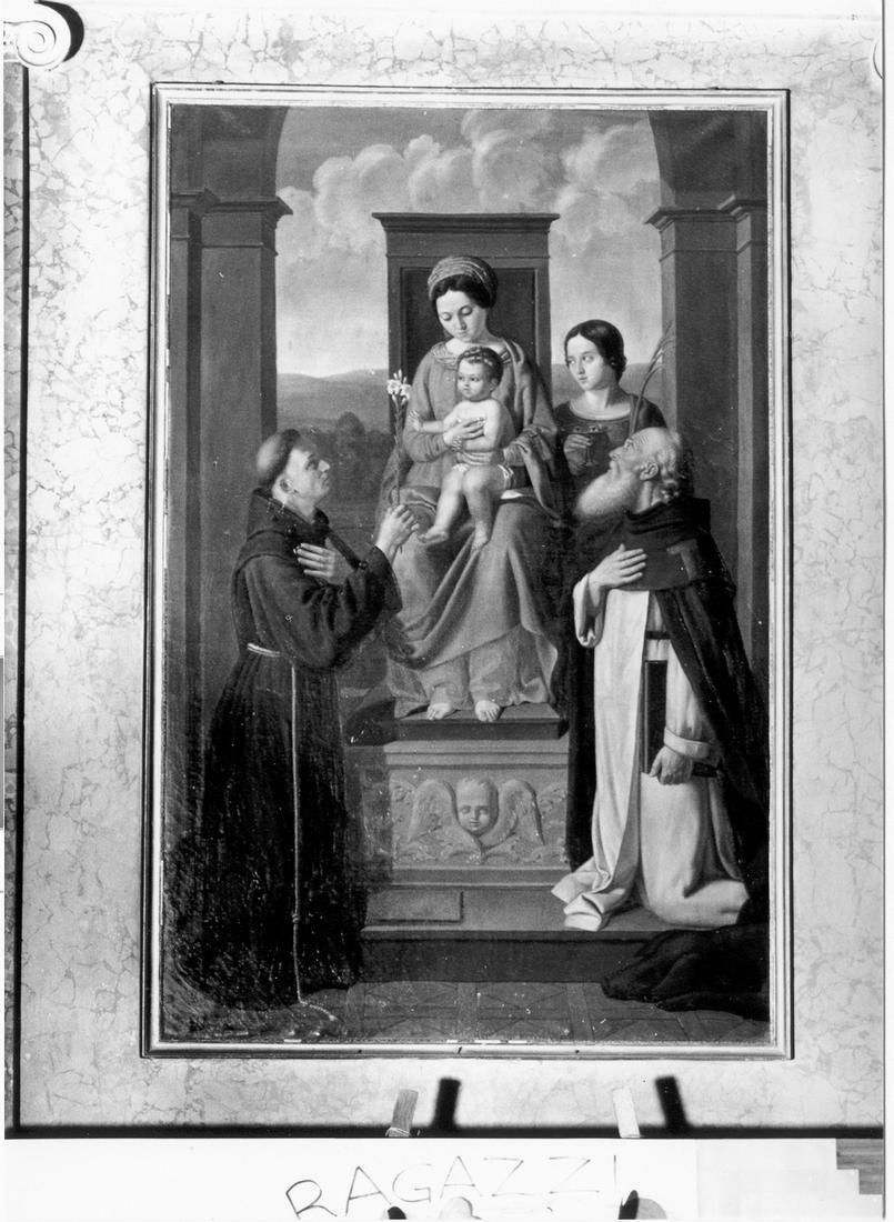 Madonna con Bambino in trono con Sant'Antonio da Padova, Sant'Antonio Abate e Santa Lucia (dipinto) di Zatti Carlo (attribuito) (metà sec. XIX)