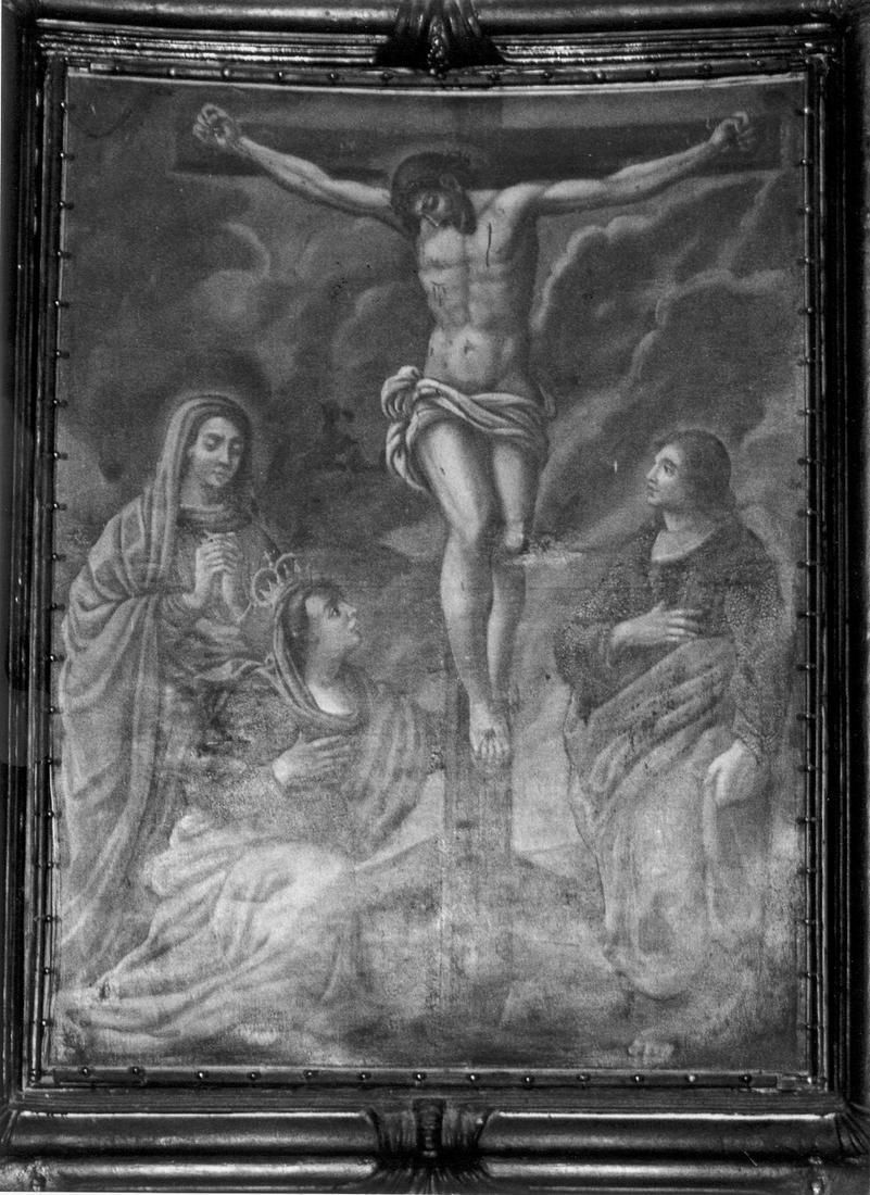 crocifissione di Cristo con la Madonna, Santa Maria Maddalena e San Giovanni Evangelista (dipinto) - ambito emiliano (seconda metà sec. XVII)