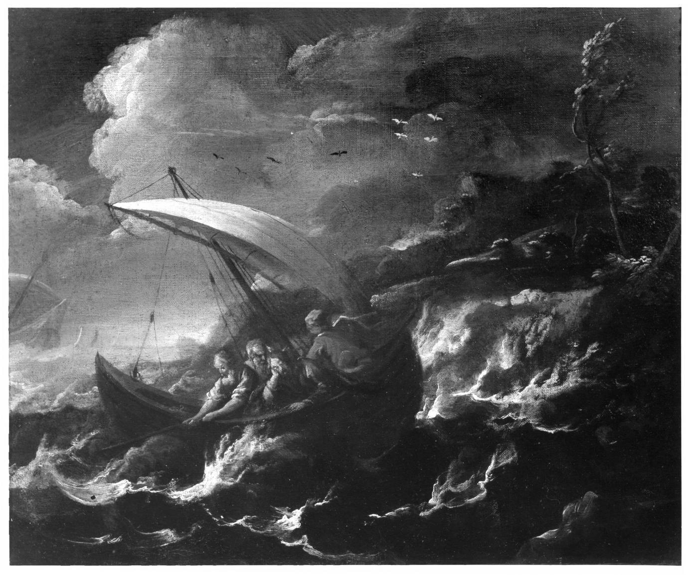 Cristo e gli apostoli in barca sul lago di Tiberiade (dipinto) di Romani Giuseppe (secc. XVII/ XVIII)