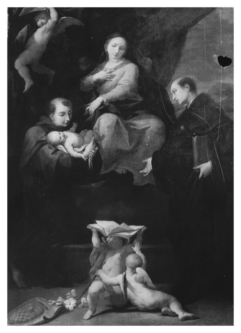 Madonna con Bambino in trono con Sant'Antonio da Padova e San Nicola da Tolentino (dipinto) di Vellani Francesco (sec. XVIII)