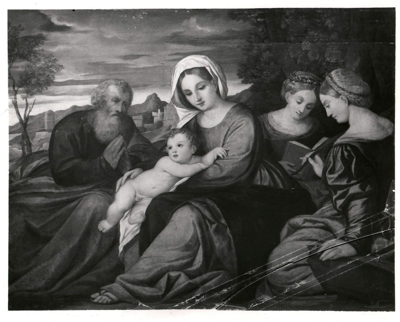 Sacra famiglia con Santa Brigida e Santa Caterina (dipinto) di Negretti Jacopo detto Palma il Giovane (bottega) (prima metà sec. XVI)