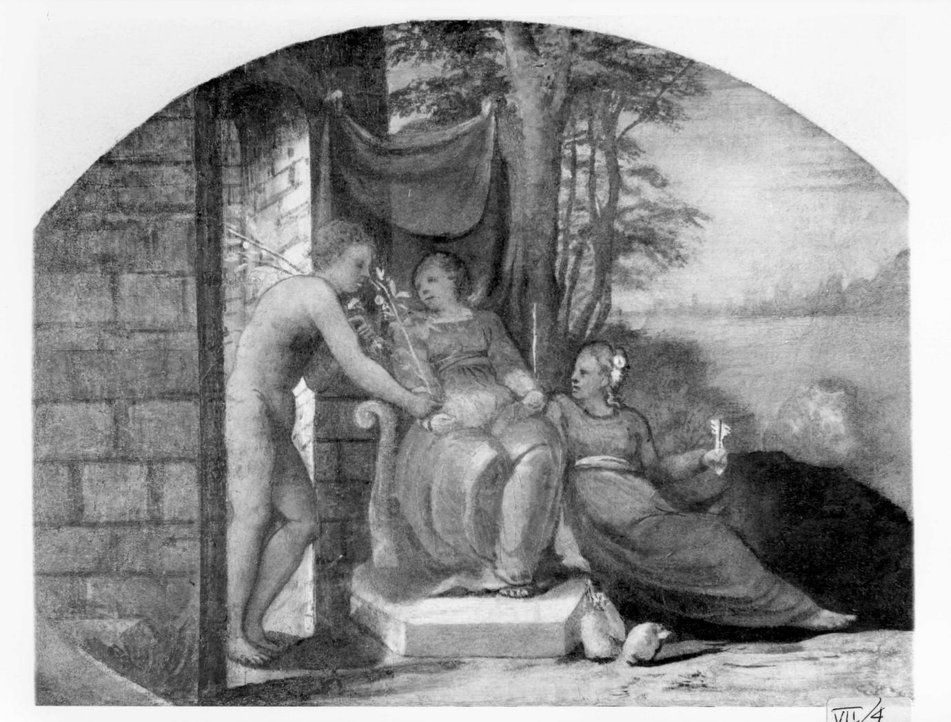 Prasildo esce dal giardino attraverso la porta della Ricchezza (dipinto) di Dell'Abate Niccolò (sec. XVI)