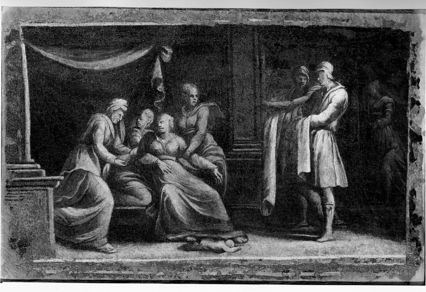 Giulia sviene alla vista delle vesti insanguinate del marito (dipinto) di Dell'Abate Niccolò (sec. XVI)