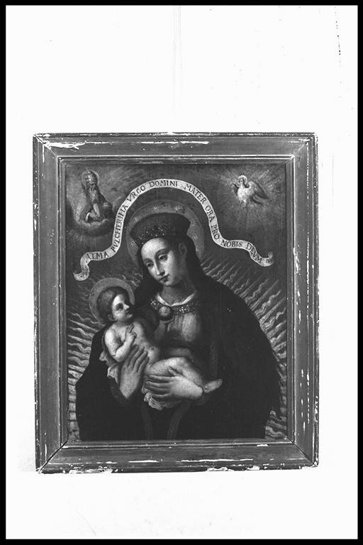 Madonna con Bambino, Dio Padre e Colomba dello Spirito Santo (dipinto) - manifattura emiliana (fine/inizio secc. XVI/ XVII)