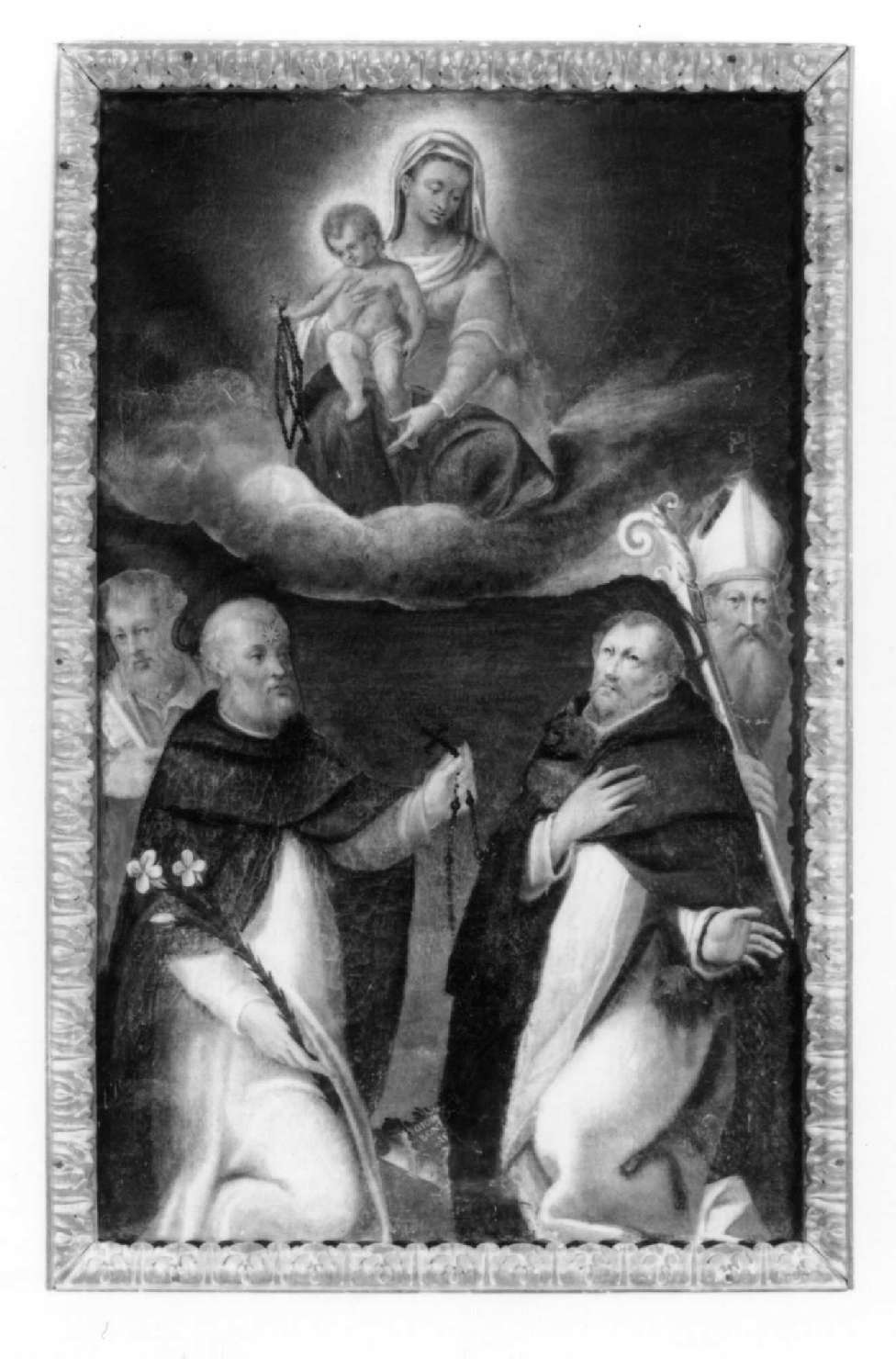 Madonna del Rosario, Madonna del Rosario con San Pietro, San Domenico, San Pietro Martire, San Geminiano (pala d'altare) - ambito emiliano (seconda metà sec. XVI)